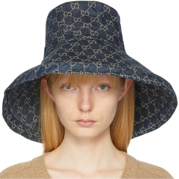Brim Accessories - Gucci Denim GG Monogram Bucket Hat Wide Large Brim Navy Blue Sun Coverage